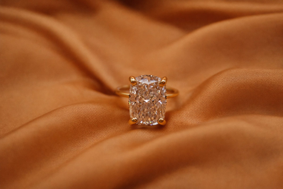 5.01 Carat Elongated Cushion Cut Lab Diamond Ring – Hidden Halo | 10K Yellow Gold | 2mm Band