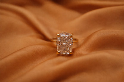 5.01 Carat Elongated Cushion Cut Lab Diamond Ring – Hidden Halo | 10K Yellow Gold | 2mm Band