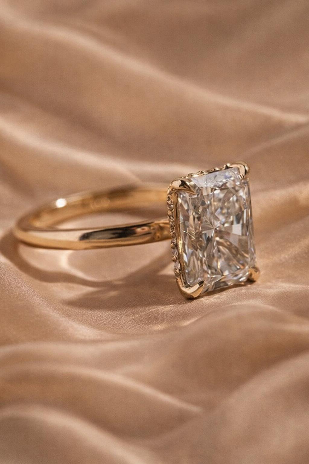 5.01 Carat Elongated Cushion Cut Lab Diamond Ring – Hidden Halo | 10K Yellow Gold | 2mm Band