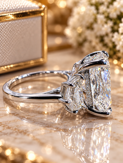 The Kensington- 11.03 Carat Elongated Cushion Cut Lab Diamond 3 Stone Engagement Ring