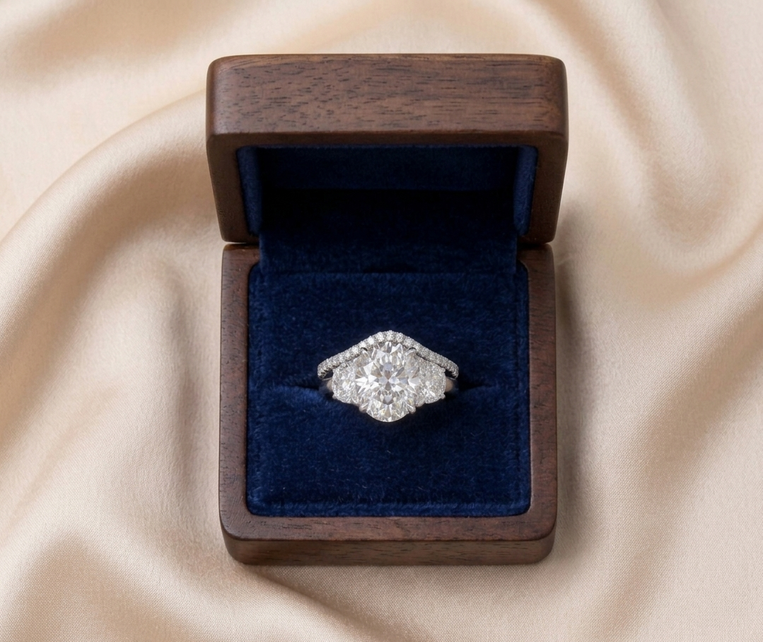 3 Stone Oval Lab Diamond Engagement Ring Set