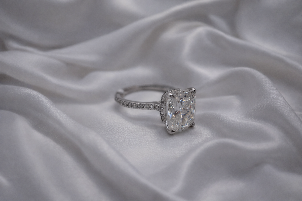 5.75 ctw Cushion Diamond Ring-Pavé Cathedral Setting with Hidden Halo