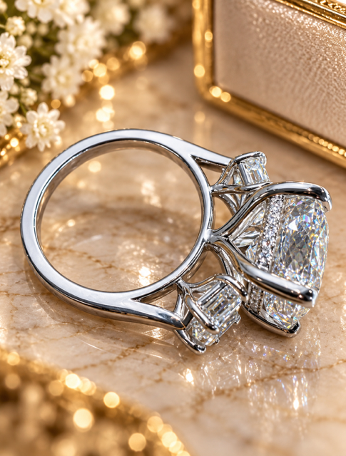 The Kensington- 11.03 Carat Elongated Cushion Cut Lab Diamond 3 Stone Engagement Ring