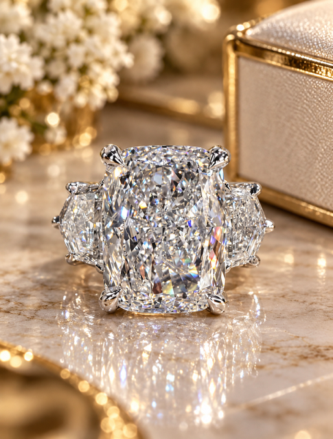 The Kensington- 11.03 Carat Elongated Cushion Cut Lab Diamond 3 Stone Engagement Ring